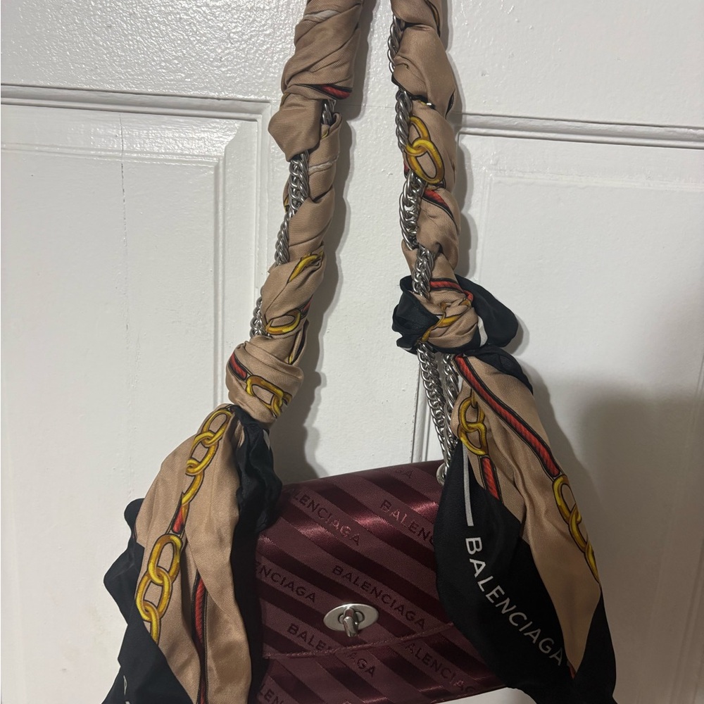 Balenciaga Burgundy and Black Shoulder Bag with Scarf Detail